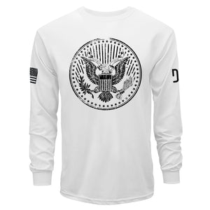 White long-sleeve shirt with black eagle emblem on a white background