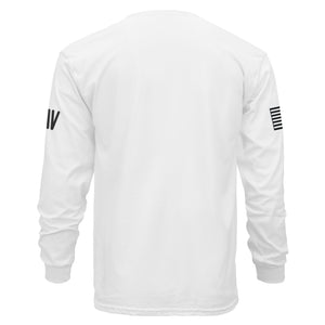 White long-sleeve shirt with black sleeve designs on a white background