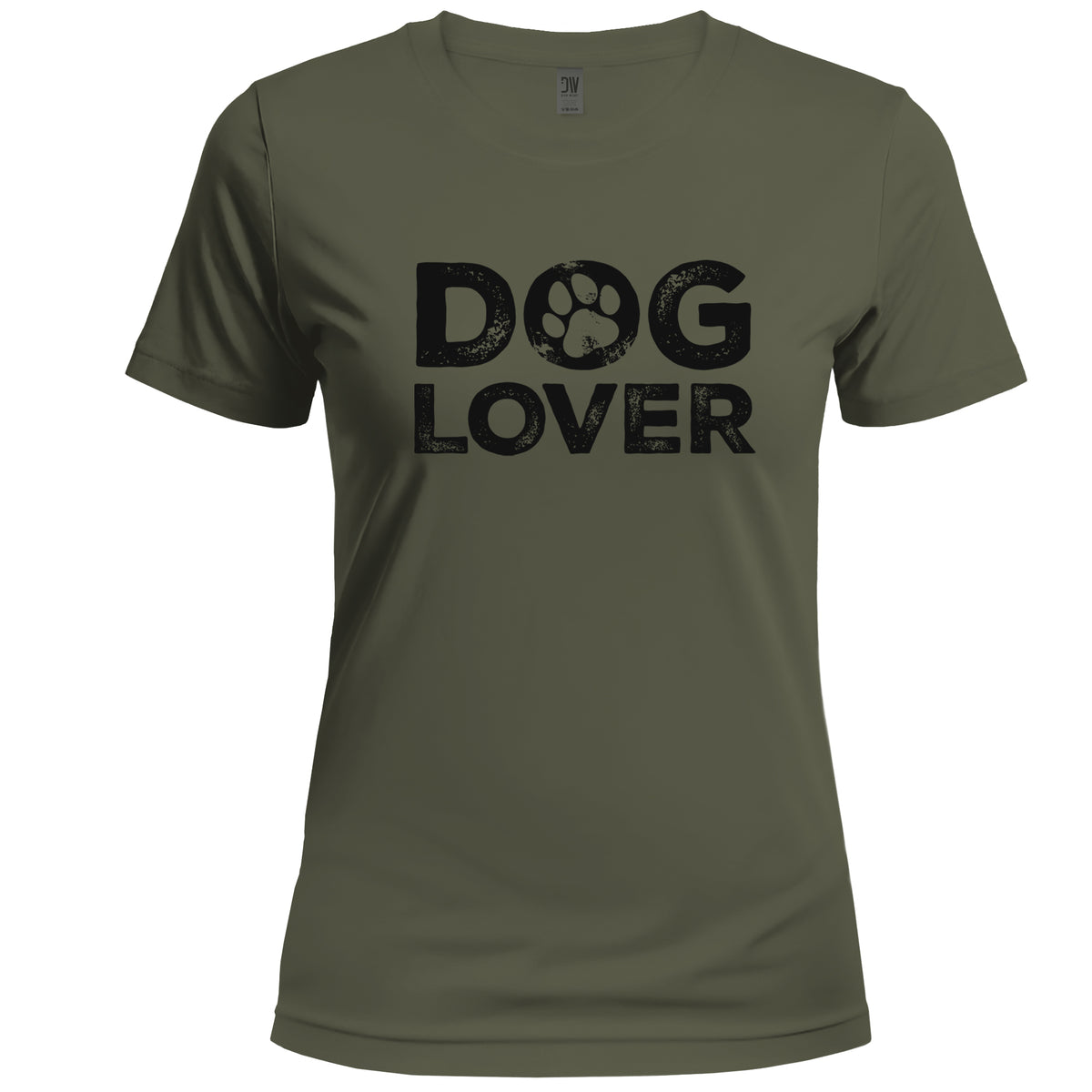 Green t-shirt with 'DOG LOVER' text and paw print on a white background