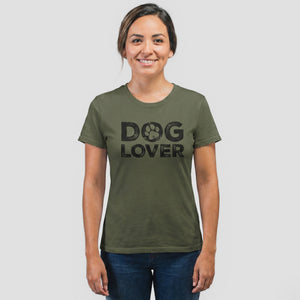 Person wearing a green t-shirt with 'DOG LOVER' text on a plain background