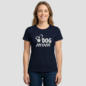 Woman wearing a navy blue t-shirt with 'DOG mom' text and heart design on a light gray background