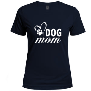 Navy blue t-shirt with 'DOG mom' text and paw print design on a white background