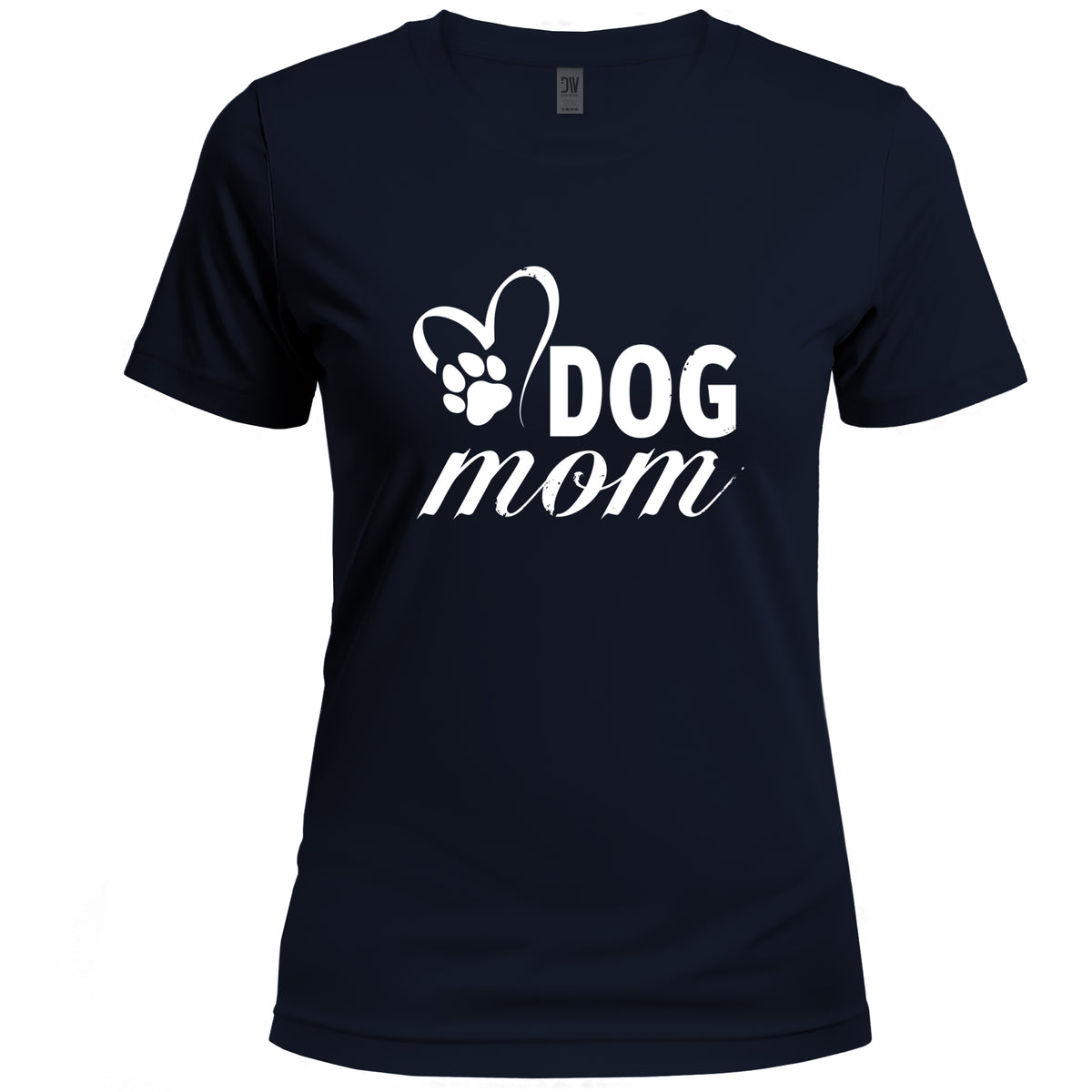 Navy blue t-shirt with 'DOG mom' text and paw print design on a white background