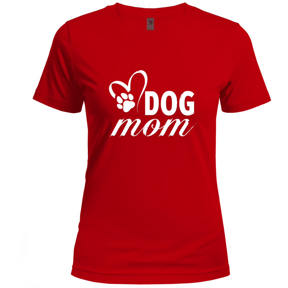 Red t-shirt with 'DOG mom' text and paw print design on a white background
