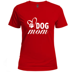 Red t-shirt with 'DOG mom' text and paw print design on a white background