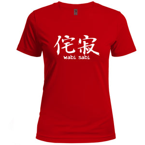Red t-shirt with white 'wabi sabi' text and Chinese characters on a white background