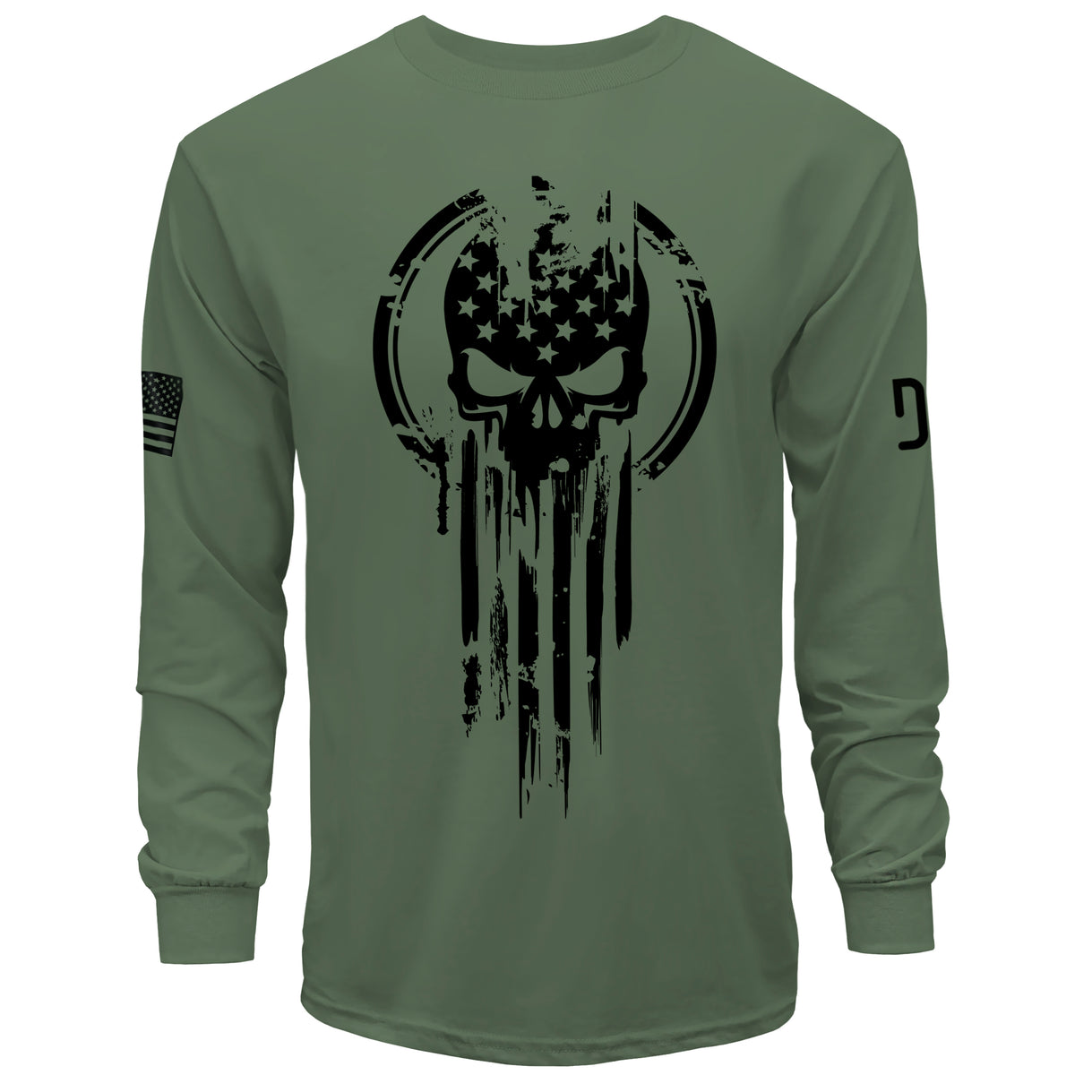 Green long-sleeve shirt with black skull and flag design on a white background