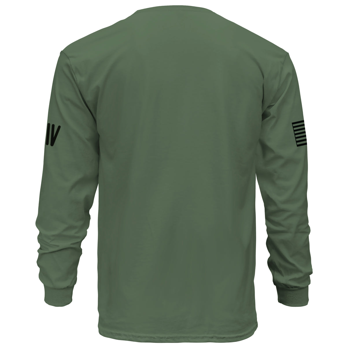 Green long-sleeve shirt with sleeve logos on a white background