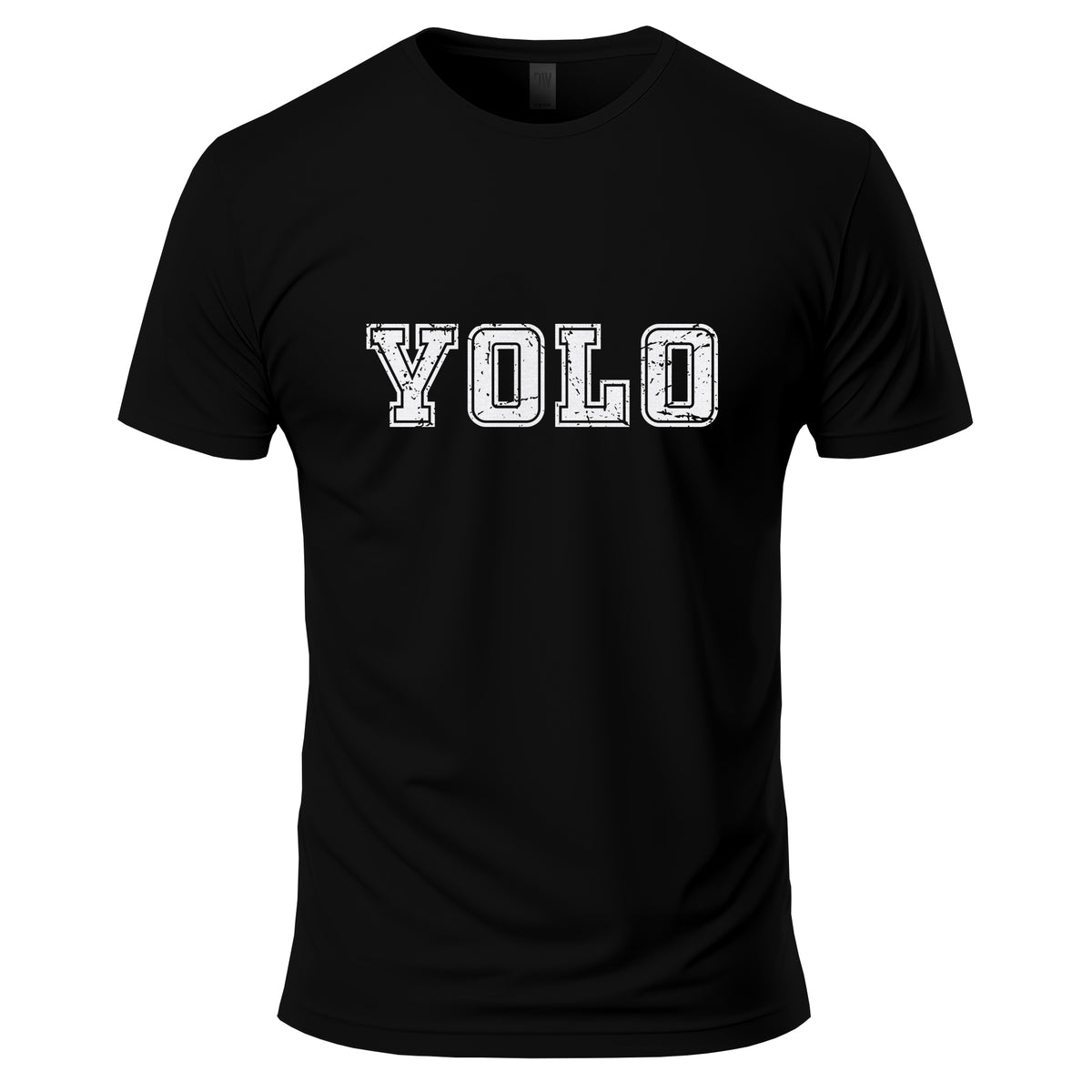 Black t-shirt with 'YOLO' printed in white on a white background