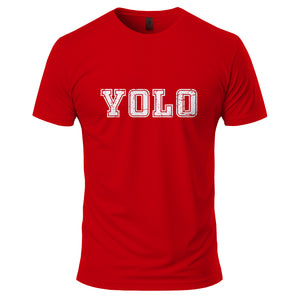 Red t-shirt with 'YOLO' text on a white background